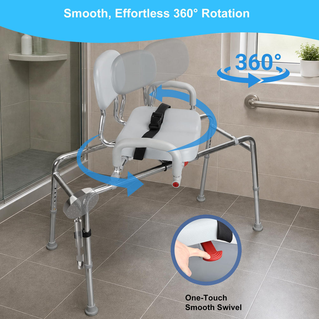 Sliding Shower Chair Tub Transfer Bench with Swivel Seat, 450lbs, Adjustable Height, Gray Y967