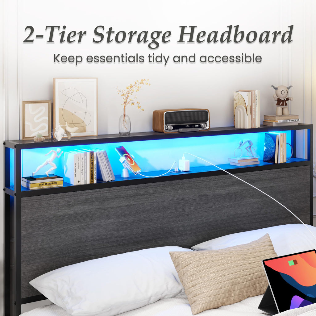 Rustic Grey Full Bed Frame with Charging Station U1700