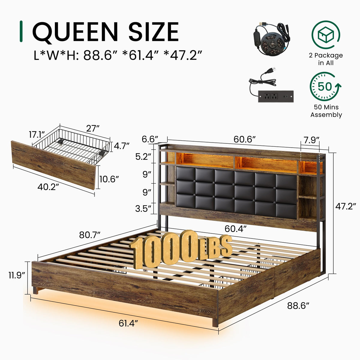Queen Size Wooden Bed Frame with Storage Drawers U159