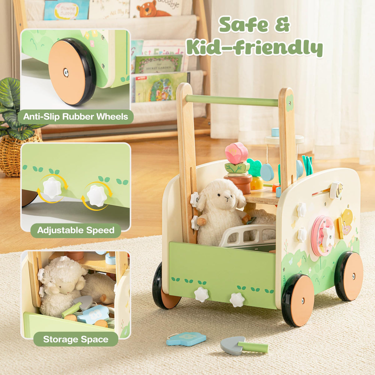 Wooden Baby Walker, 10-in-1 Activity Center Toys, Green K888405