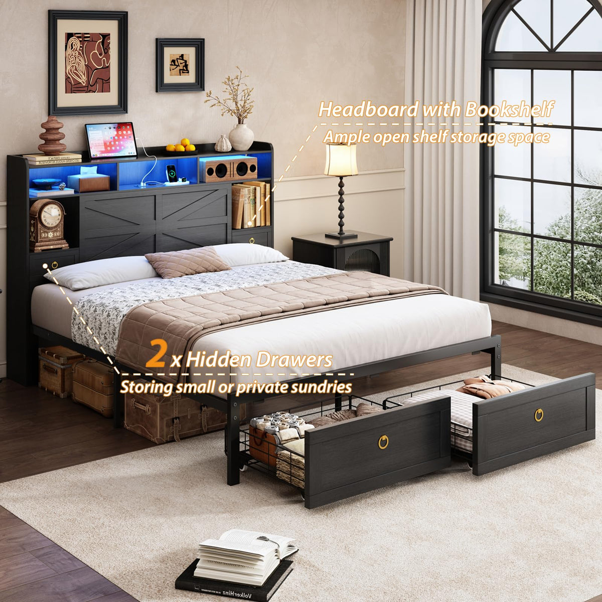 Queen Size Wood Bed Frame with Storage Headboard and 4 Drawers Z89156
