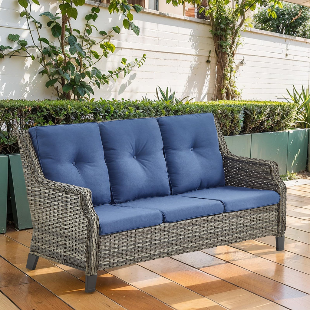 Grey Wicker 3pcs Patio Furniture Set with Blue Cushions K160