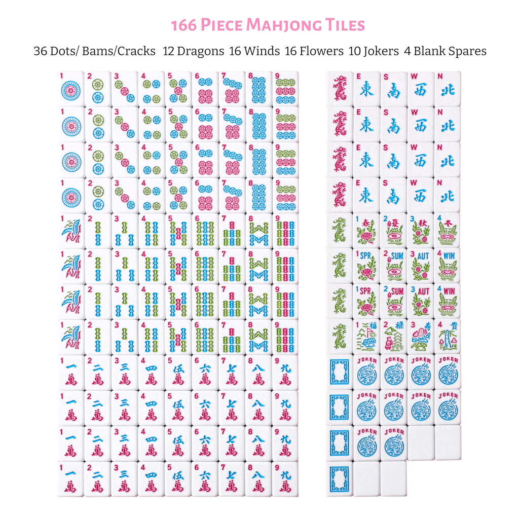 American Mahjong Set with Light Blue Carrying Bag, 166 Pink Engraved Melamine Tiles, 4 Transparent Racks with Pushers P32241