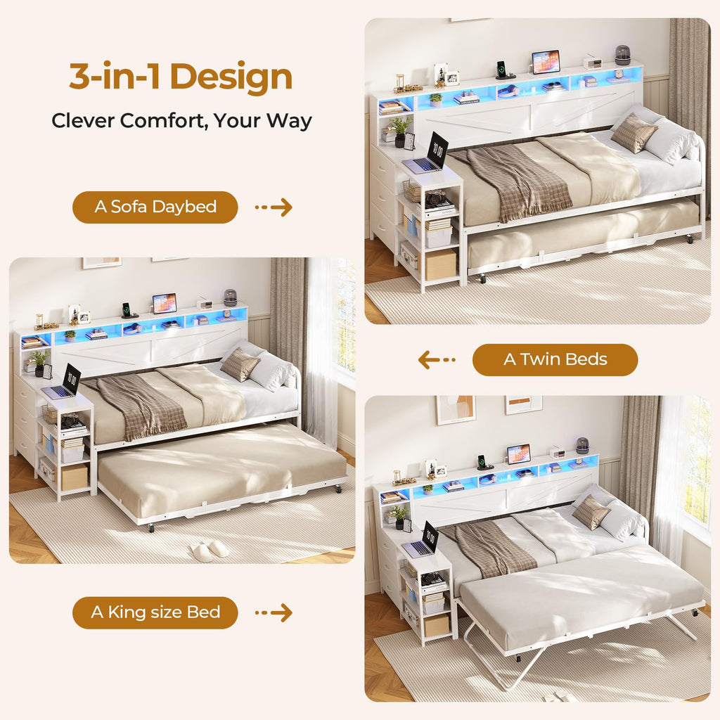 White Wood Daybed with Trundle and 3 Storage Drawers F890