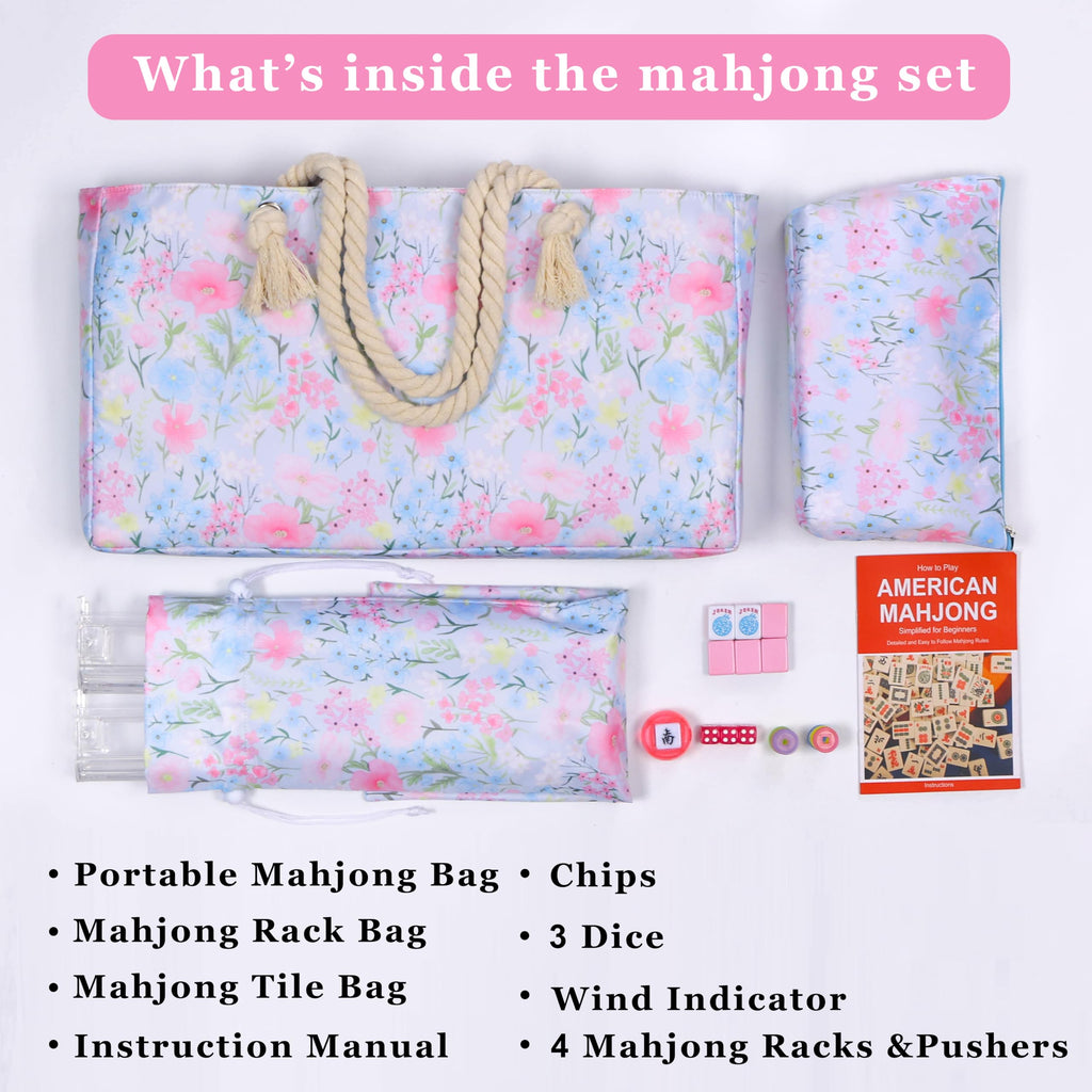 American Mahjong Set with Light Blue Carrying Bag, 166 Pink Engraved Melamine Tiles, 4 Transparent Racks with Pushers P32241