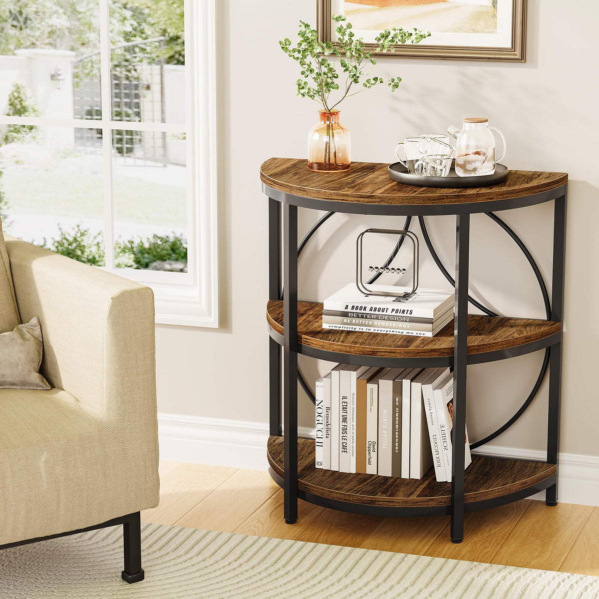 Half Round 3-Tier Narrow Side Table with Metal Frame U2564