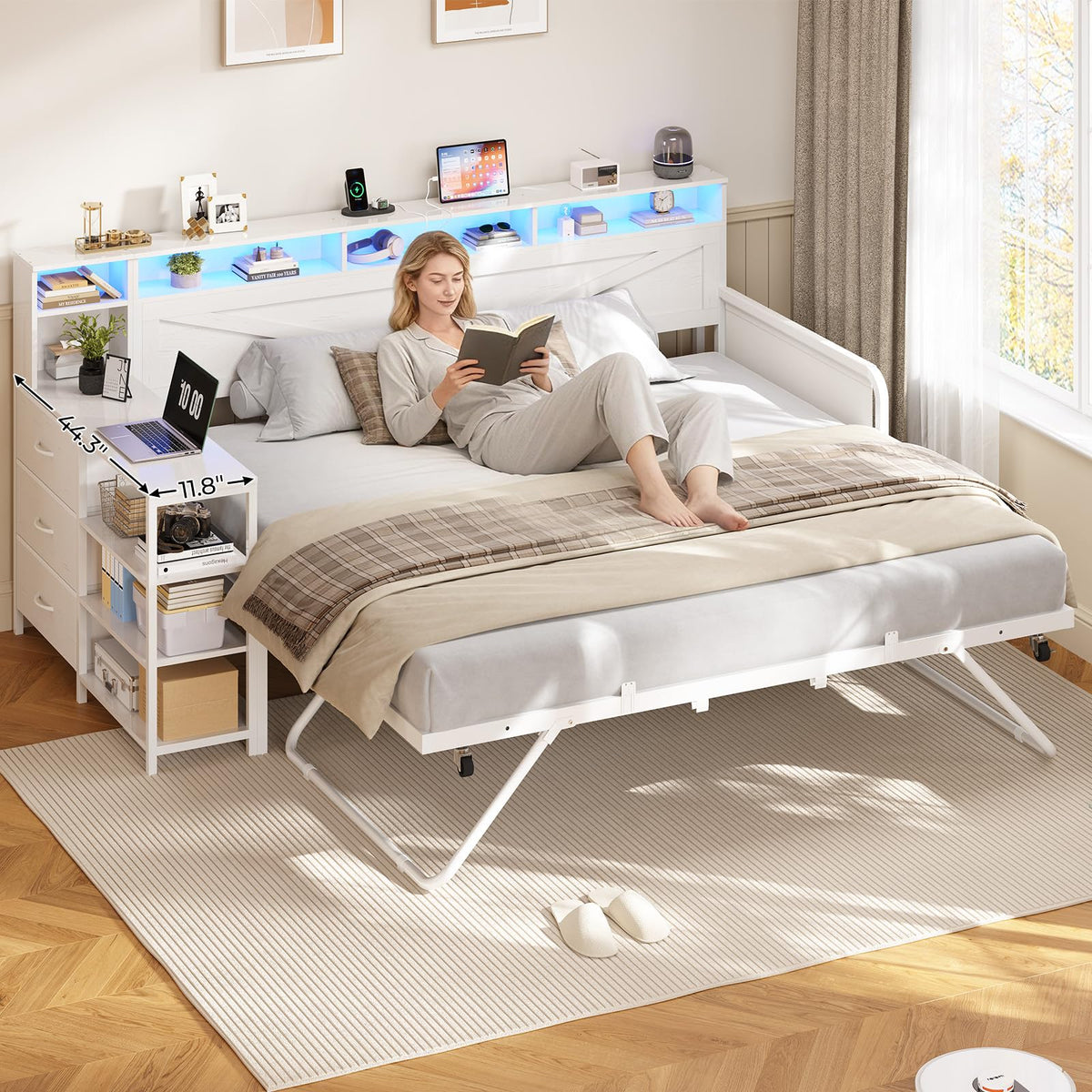 White Wood Daybed with Trundle and 3 Storage Drawers F890