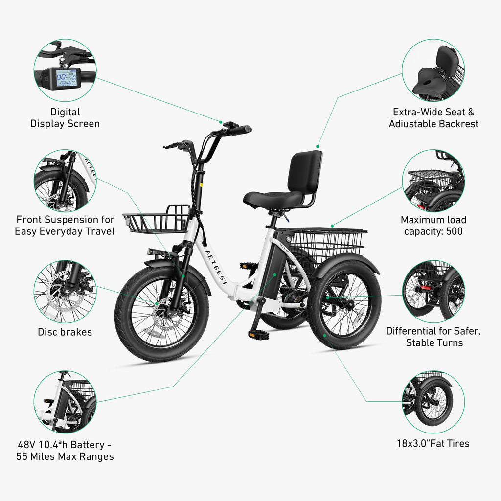 Electric Tricycle for Adults, 18"x3.0" Folding Step-Thru E Trike with 1200W Brushless Motor 48V 499.2Wh Removable Battery I313093