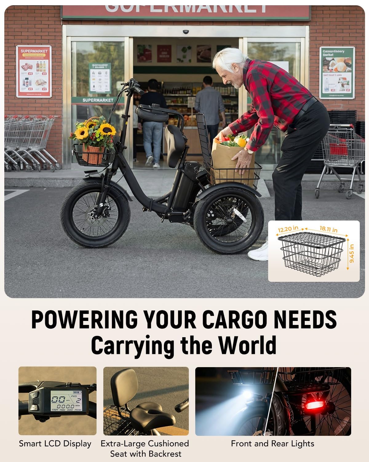 Electric Tricycle for Adults, 18"x3.0" Folding Step-Thru E Trike with 1200W Brushless Motor 48V 499.2Wh Removable Battery I313093