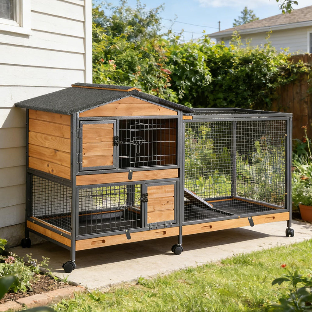 2-Story Rabbit Hutch with Metal Frame and 6 Locking Casters H52117