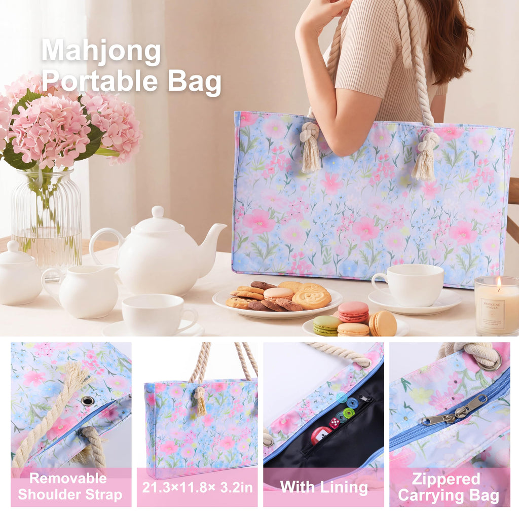 American Mahjong Set with Light Blue Carrying Bag, 166 Pink Engraved Melamine Tiles, 4 Transparent Racks with Pushers P32241