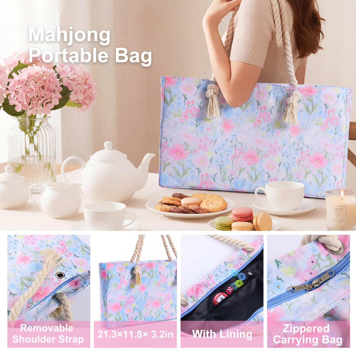 American Mahjong Set with Light Blue Carrying Bag, 166 Pink Engraved Melamine Tiles, 4 Transparent Racks with Pushers P32241