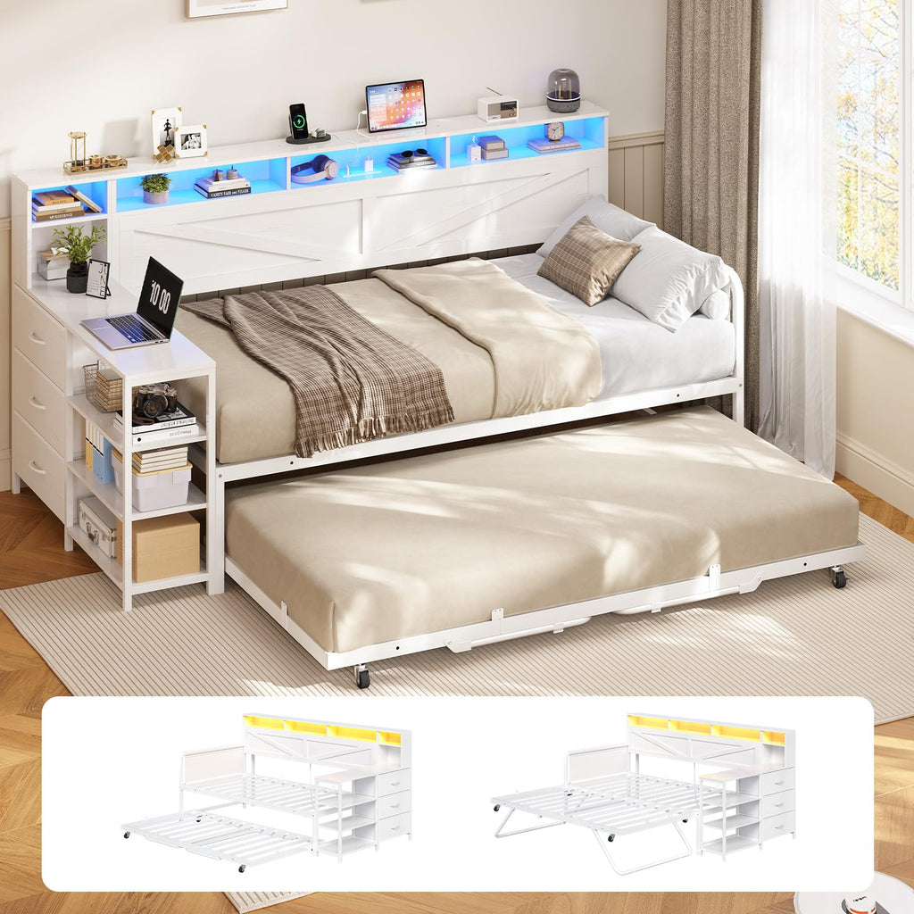 White Wood Daybed with Trundle and 3 Storage Drawers F890