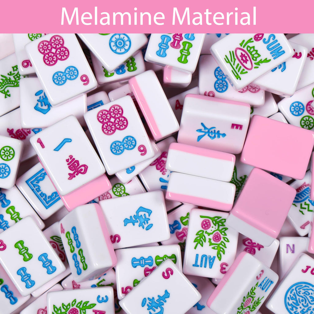 American Mahjong Set with Light Blue Carrying Bag, 166 Pink Engraved Melamine Tiles, 4 Transparent Racks with Pushers P32241