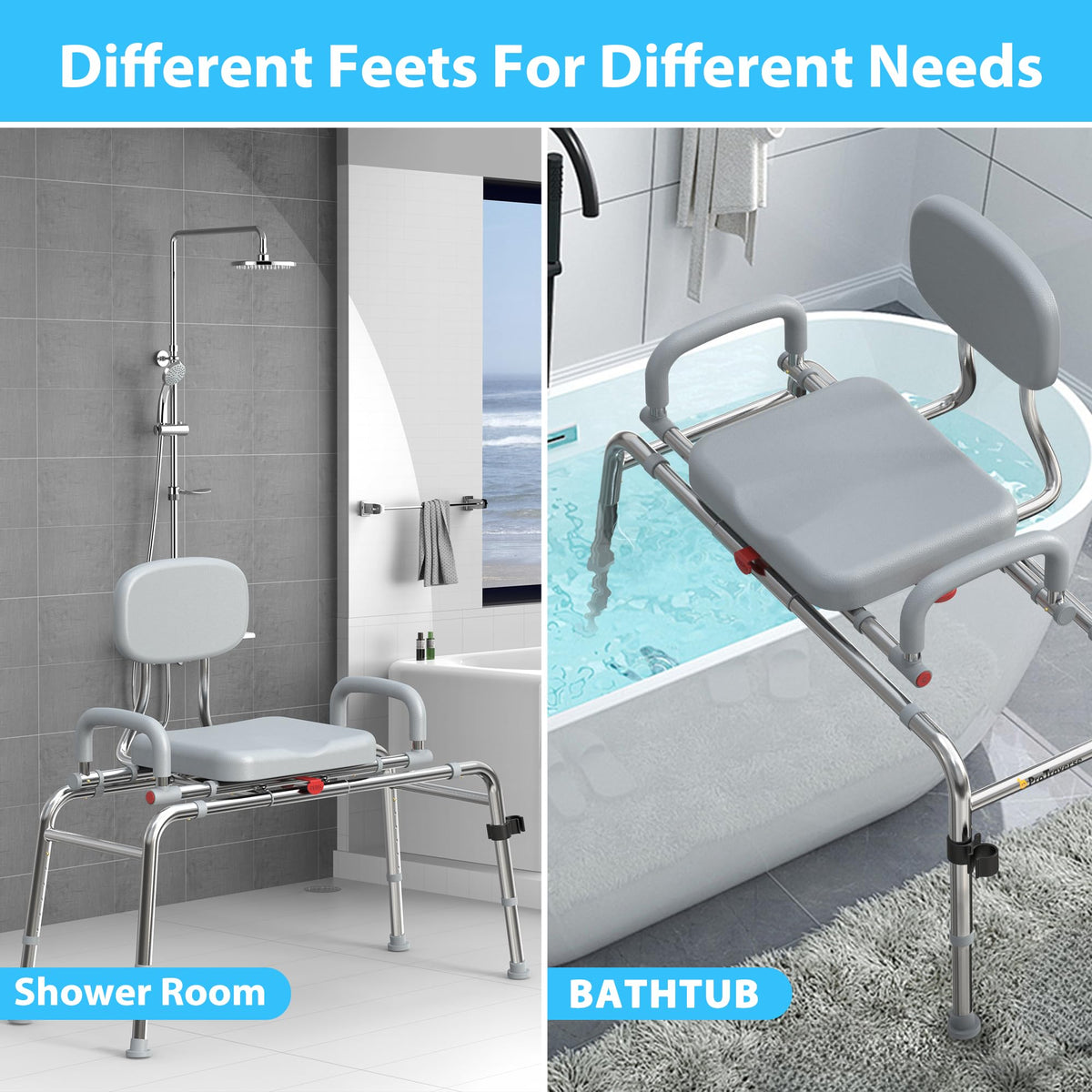Sliding Shower Chair Tub Transfer Bench with Swivel Seat, 450lbs, Adjustable Height, Gray Y967