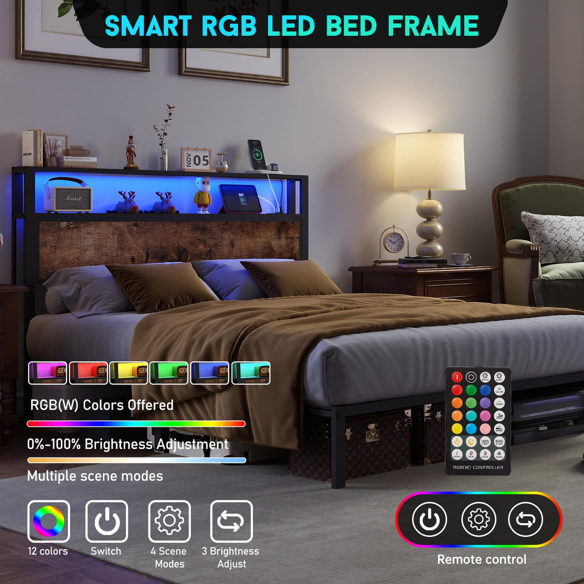 Queen Size Bed Frame with 2-Tier Storage Headboard V3686