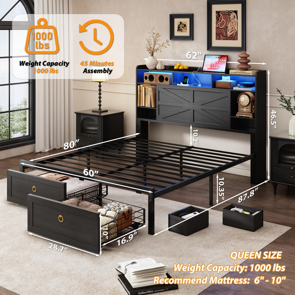 Queen Size Wood Bed Frame with Storage Headboard and 4 Drawers Z89156