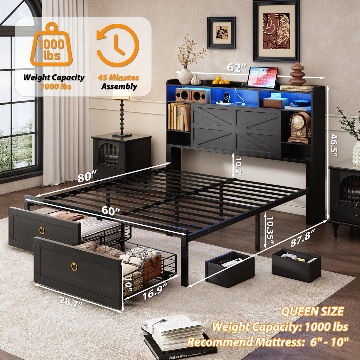 Queen Size Wood Bed Frame with Storage Headboard and 4 Drawers Z89156