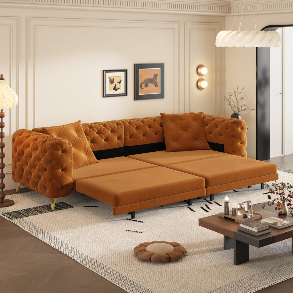 97.7" 3-in-1 Convertible Sleeper Sofa, Tufted Velvet Pull-Out Sofa Bed with Ottoman L79371