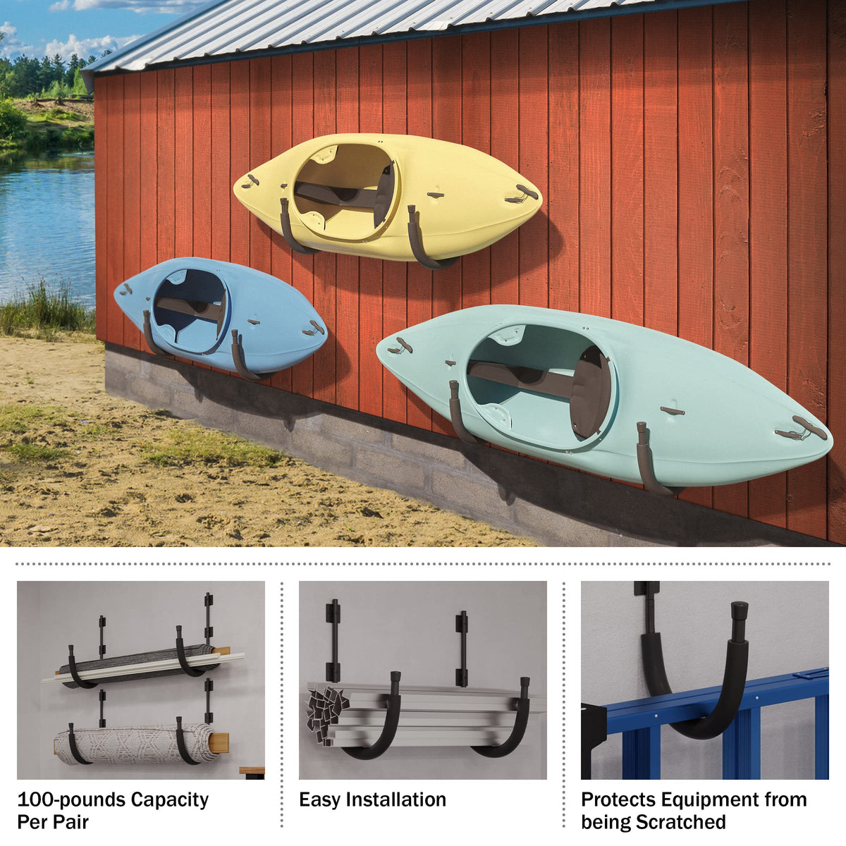 2-Pack Kayak Storage Hook Sets Wall Mount Hangers 100lb Capacity I121