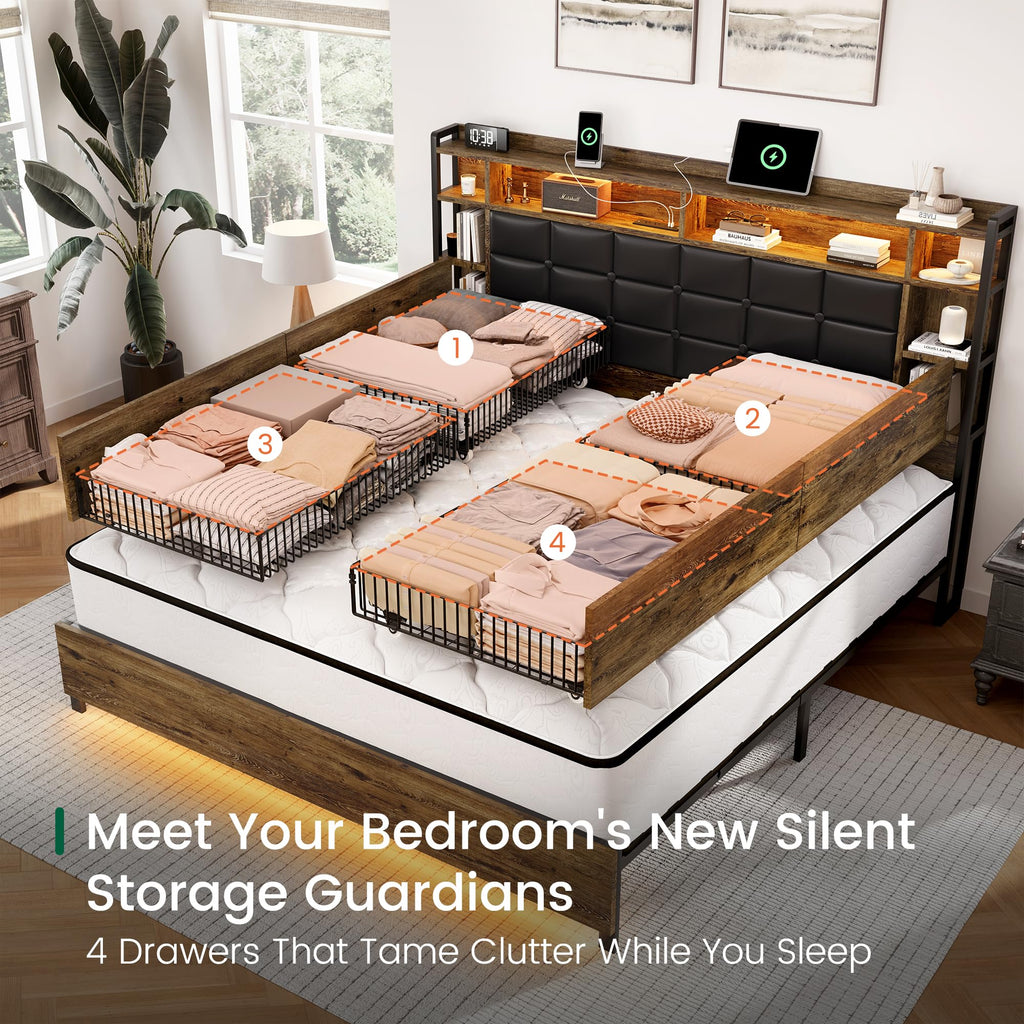 Queen Size Wooden Bed Frame with Storage Drawers U159