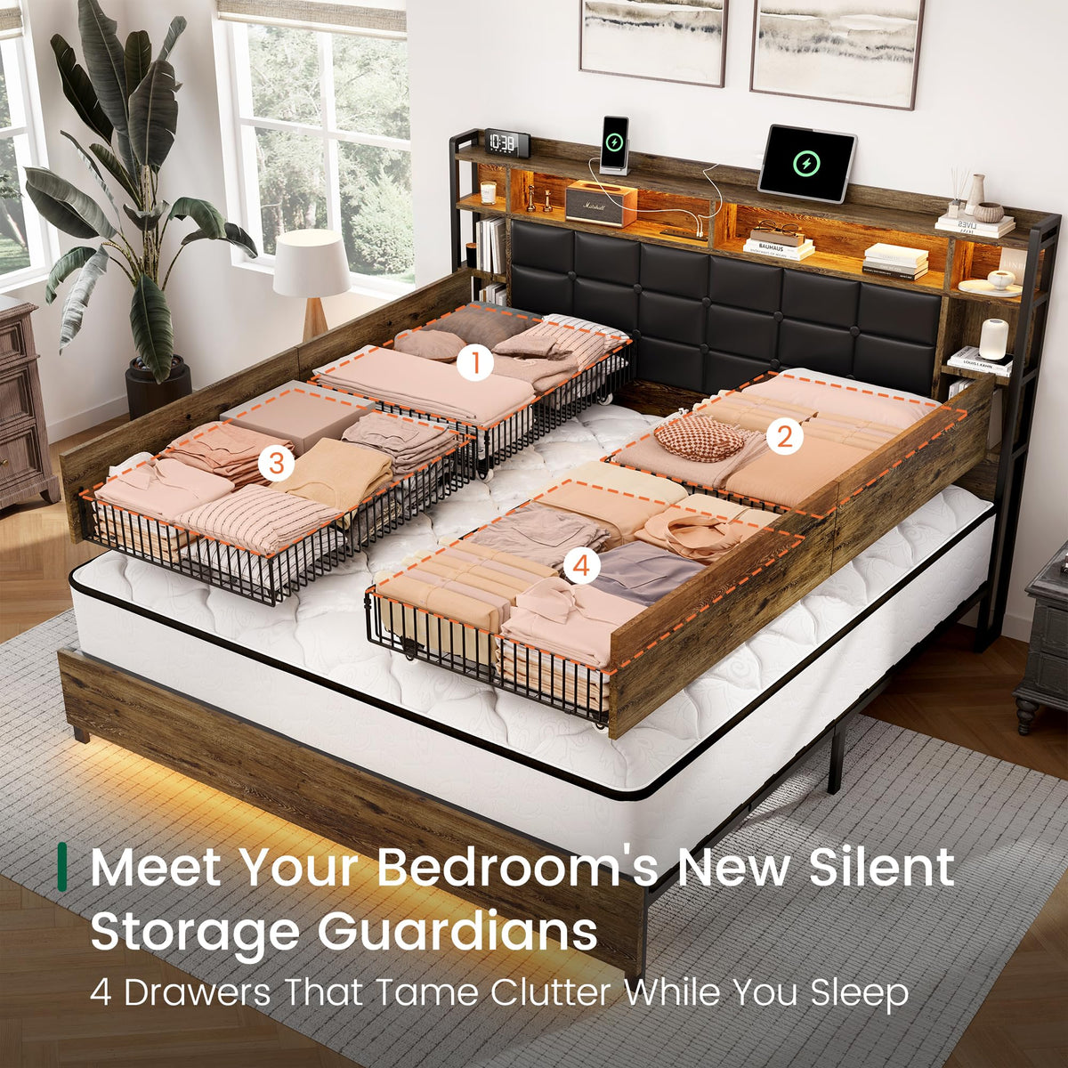 Queen Size Wooden Bed Frame with Storage Drawers U159