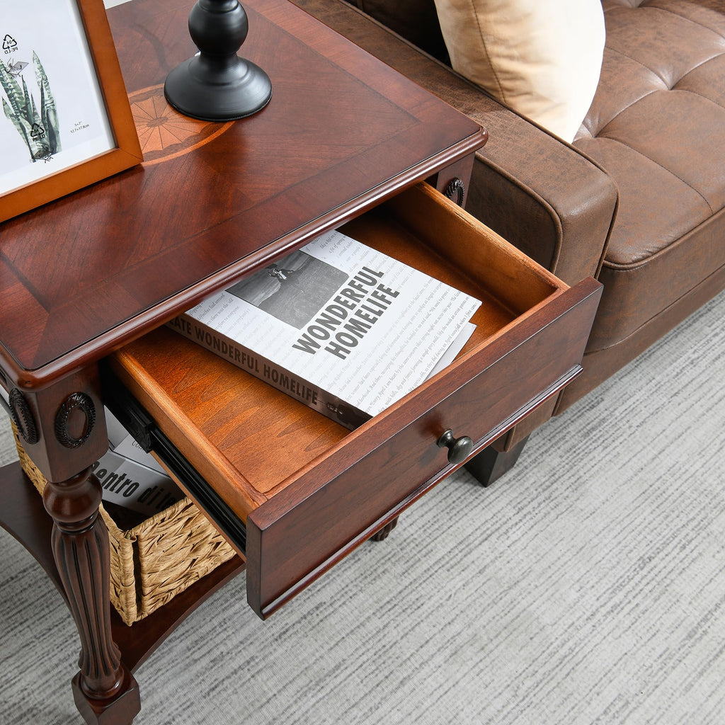 Solid Wood Side Table with Drawer and Storage Shelf V274072