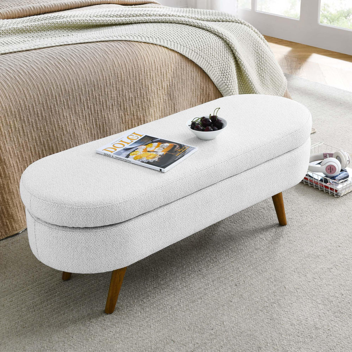 White Oval Storage Ottoman Bench with Rubber Wood Legs F695