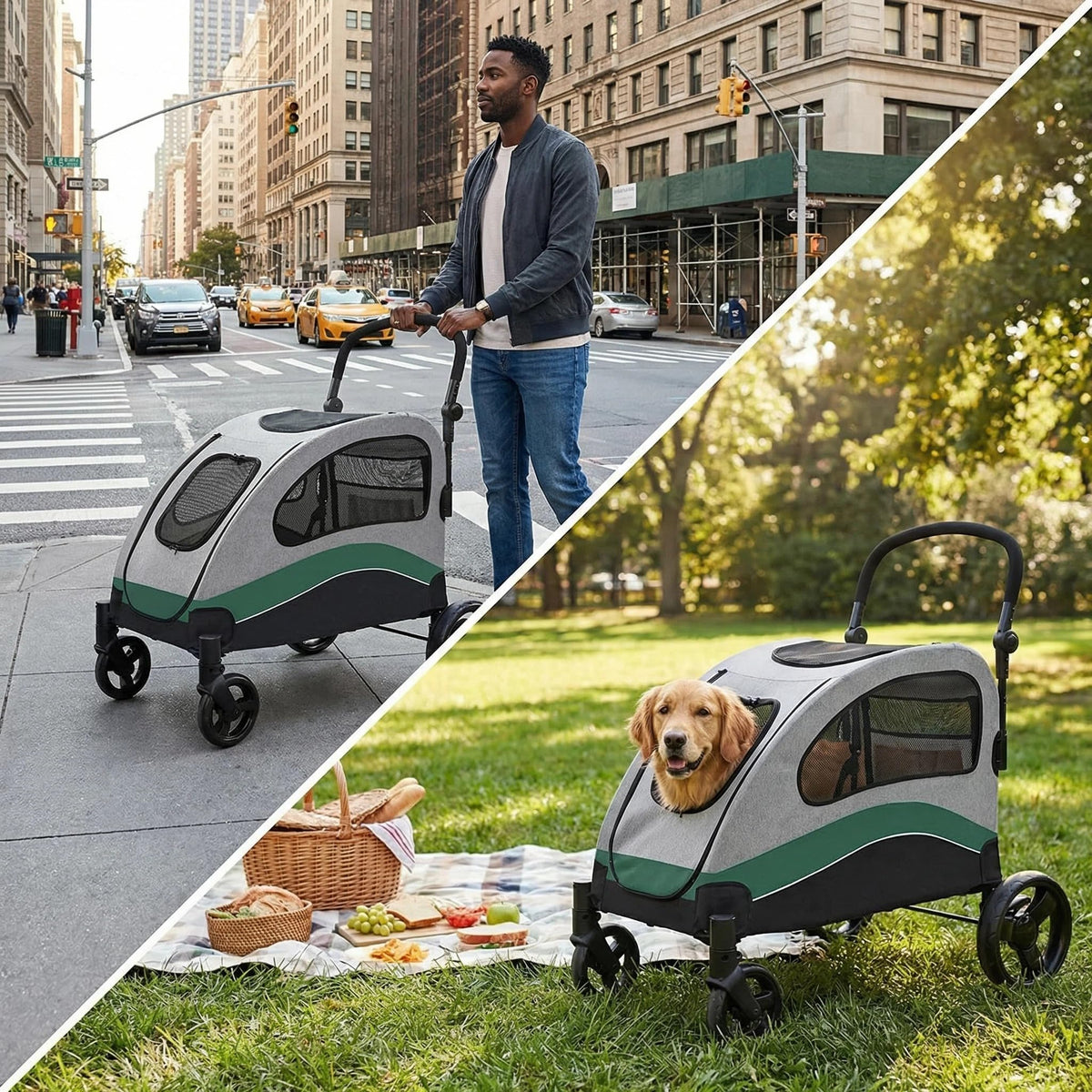 Extra Large Foldable Dog Stroller with Wheels and Brakes X954036
