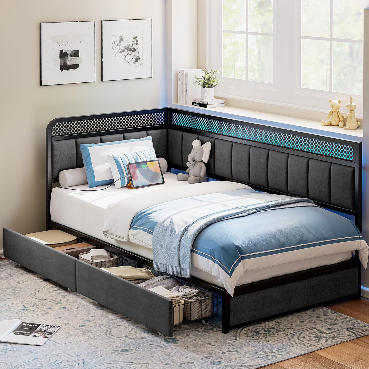 Twin Corner Bed Frame with Upholstered Guardrail L945448