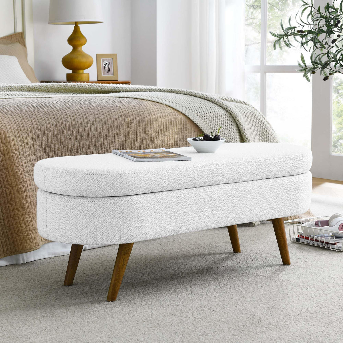 White Oval Storage Ottoman Bench with Rubber Wood Legs F695