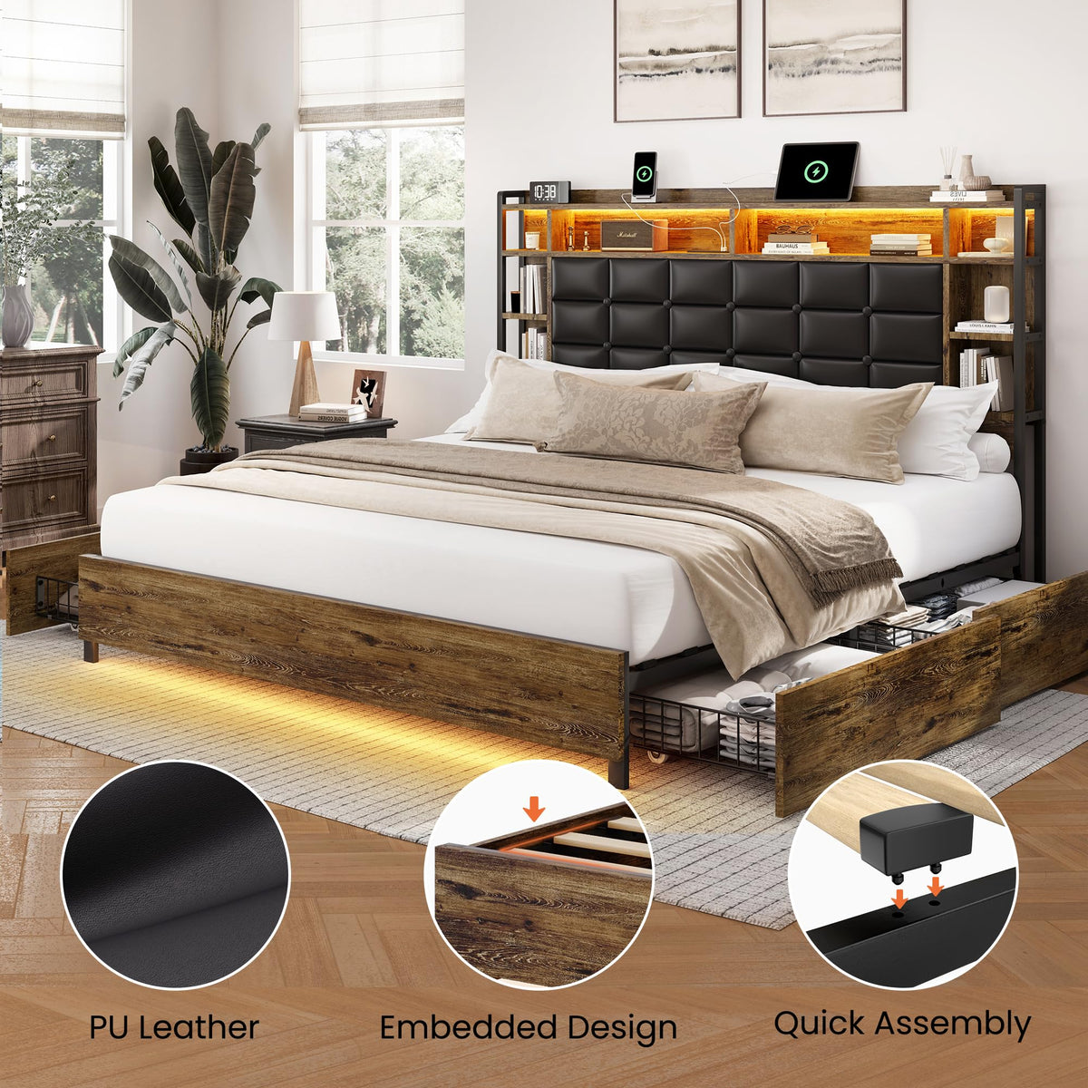 Queen Size Wooden Bed Frame with Storage Drawers U159