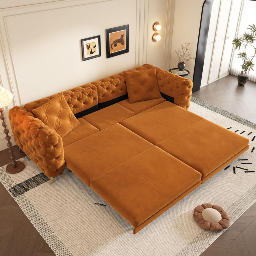97.7" 3-in-1 Convertible Sleeper Sofa, Tufted Velvet Pull-Out Sofa Bed with Ottoman L79371