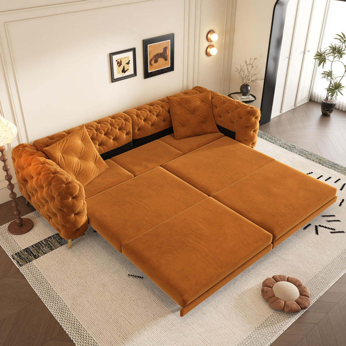 97.7" 3-in-1 Convertible Sleeper Sofa, Tufted Velvet Pull-Out Sofa Bed with Ottoman L79371