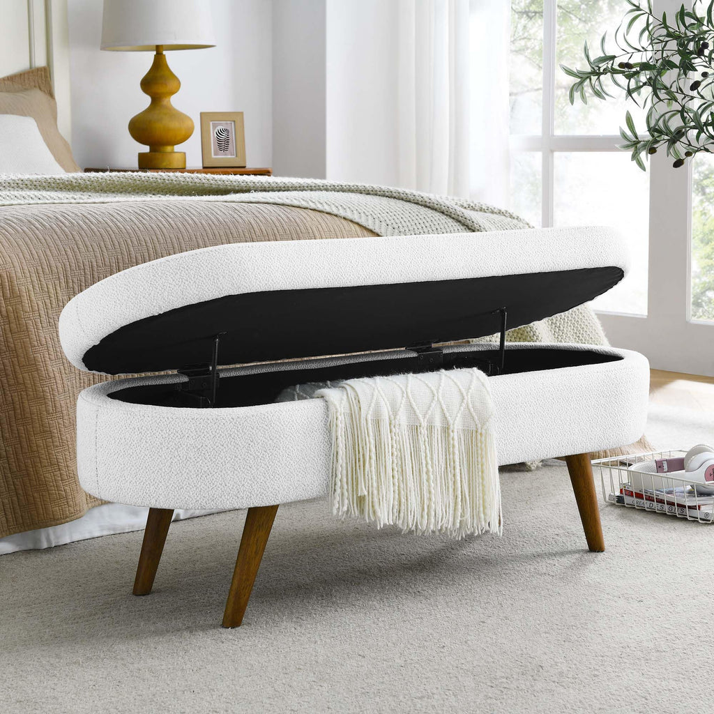 White Oval Storage Ottoman Bench with Rubber Wood Legs F695