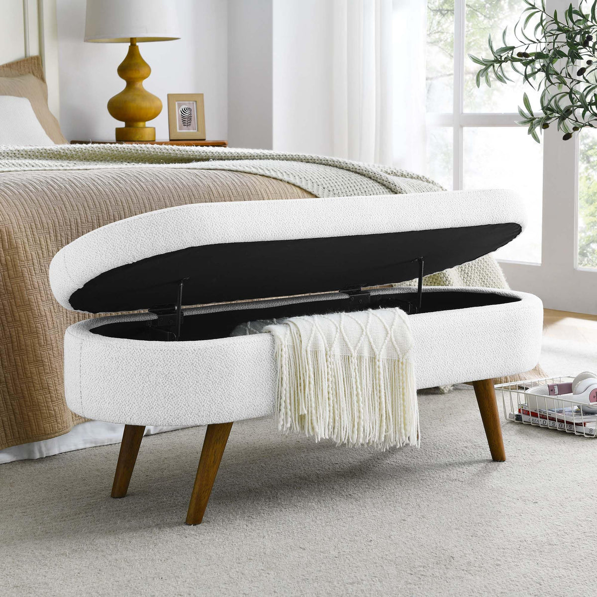White Oval Storage Ottoman Bench with Rubber Wood Legs F695