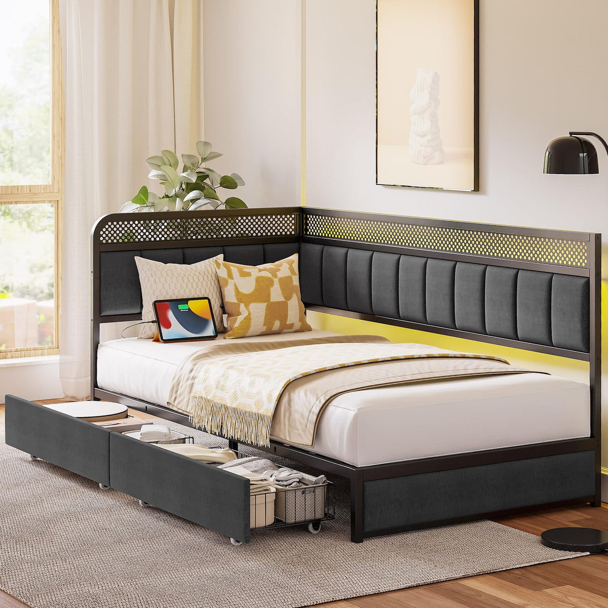 Twin Corner Bed Frame with Upholstered Guardrail L945448